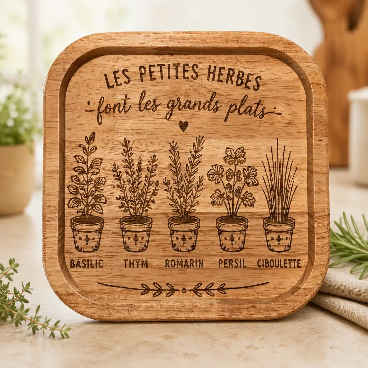 Plat en bois / Vide poche – Les petites herbes